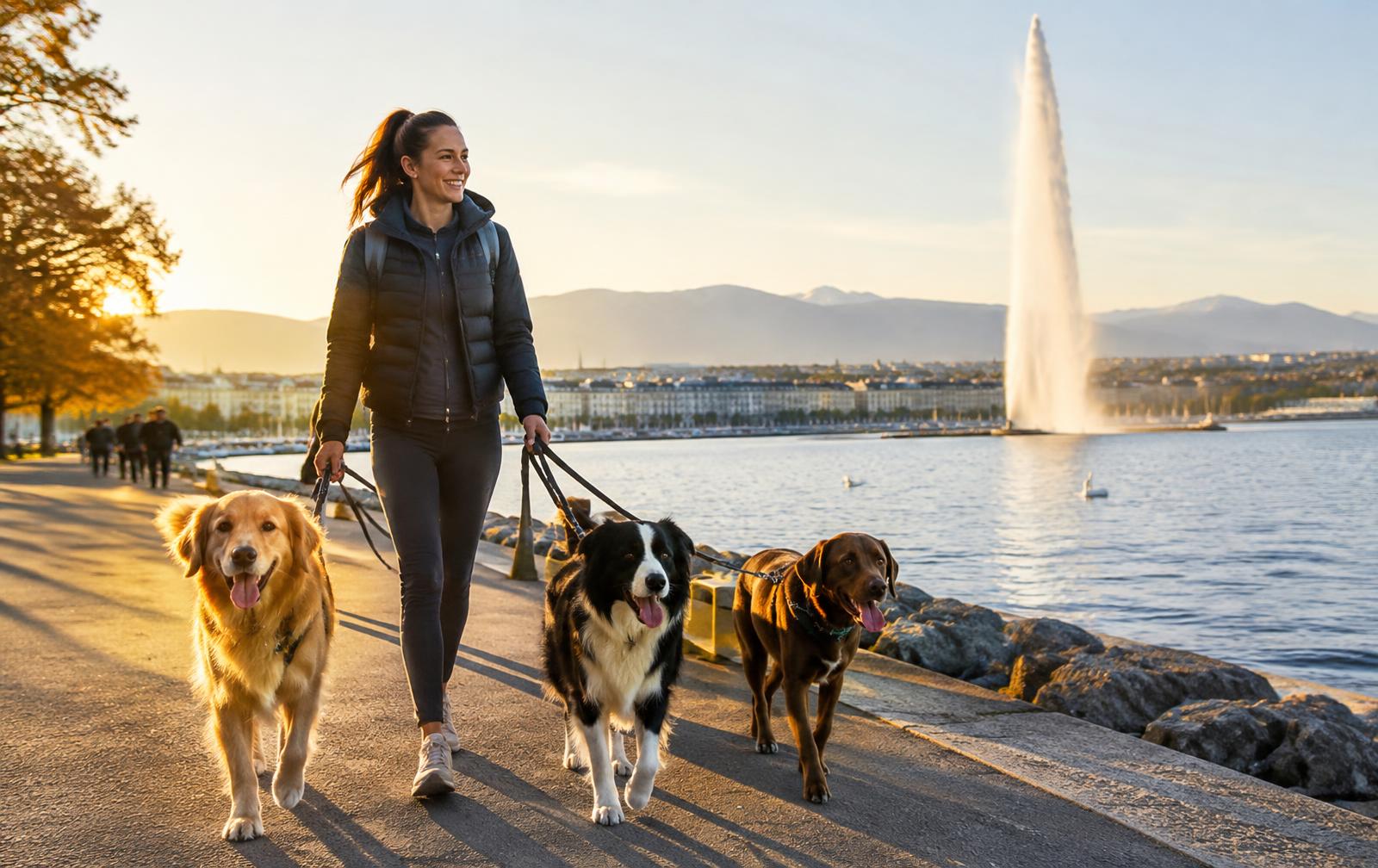 Dog walker with dogs by Lake Geneva
